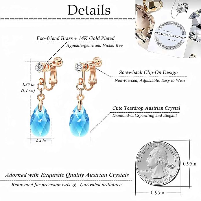 Teardrop Austrian Crystal Drop Clip On Dangle Earrings for Women Non Pierced 14K Rose Gold Plated Hypoallergenic Jewelry