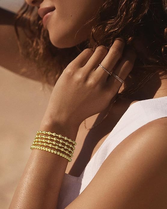 Howoo Gold Bracelets for Women Beaded Initial Bracelet Stack Dainty Heart Stretch Gold Charm Bracelet Jewelry for Women Trendy