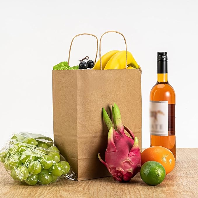 JET PAPER BAGS 100 Pack 5x3x8.25 Inch Small Paper Gift Bags with Handles Bulk, Brown Kraft Paper Bags for Grocery Shopping Retail Bags, Birthday Party Favors Wedding Bags