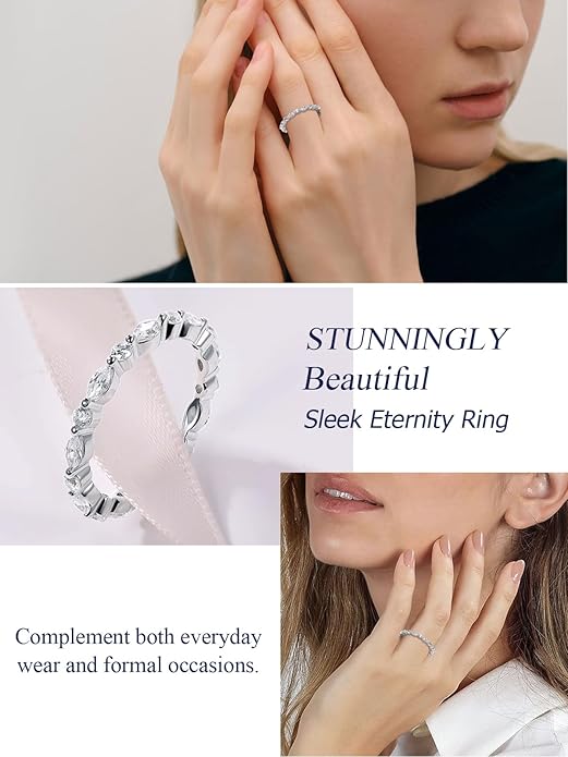 D Color VVS1 Clarity Moissanite Hand Setting Eternity Rings for Women, Solid 925 Sterling Silver Rhodium Finish, Stackable Ring, Wedding Birthday Valentines Anniversary Mothers Day Ideal Gift for Her