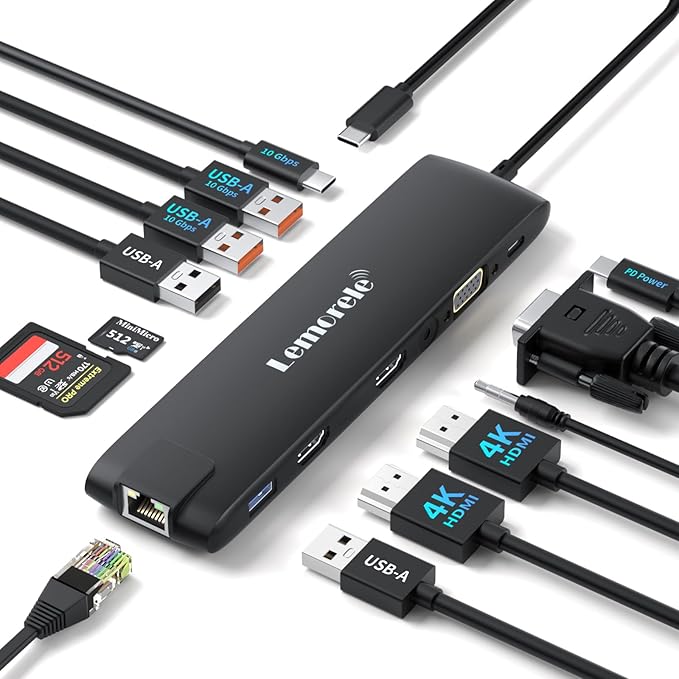 Docking Station USB C/A 10Gbps 3*Display 13 in 1, 2025 Upgrade Lemorele USB C Hub 2 x 4K HDMI, Gigabit Ethernet, 4 USB 3.0/2.0, VGA, Type-C 3.1, PD 100W, Audio, SD/TF for Windows, MacBook