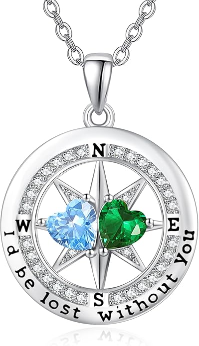 Compass Necklace for Women, Exquisite S925 Valentines Day Anniversary Birthday Gifts for Wife Her Double Birthstone Pendant Jewelry ‘I'd be Lost Without You’