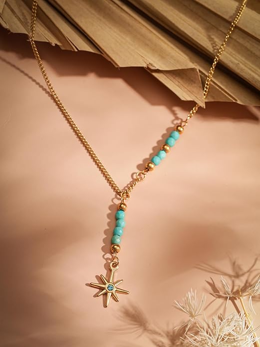 MINACHI Bohemian Created Turquoise Beaded Y-Necklace, Turquoise-toned Multi-shaped Pendant, Dainty Elegant Jewelry for Women