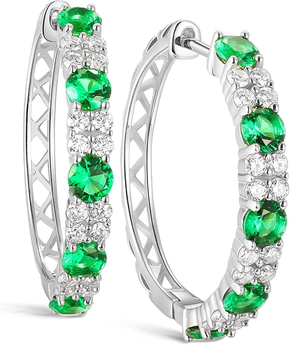 Women's Huggie Hoops with Birthstone 925 Sterling Silver Huggie Stud Hypoallergenic 14K Gold Plated Moissanite Earrings -Emerald Sapphire Ruby Hoop Earrings, Size 20 25mm