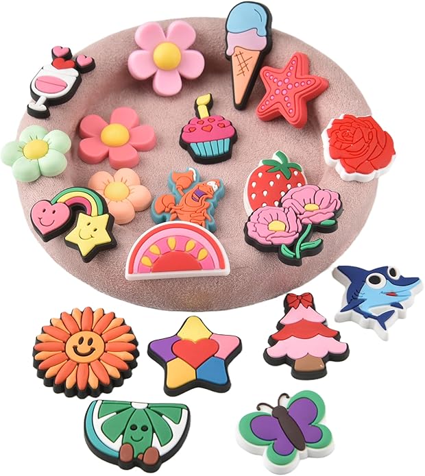 20PCS Cute Shoe Charms for Girls Teens - PVC Flower, Rainbow, Dessert Shoe Clips Decorations for Holely Shoes, Sneakers, Casual Footwear