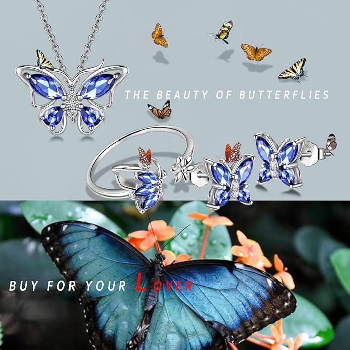 925 Sterling Silver Birthstone Butterfly Jewelry Women Crystal Animal Cute Butterflies Birthday Necklace/Earring/Ring/Bracelet Sets Birth Stone Statement Anniversary Jewellery