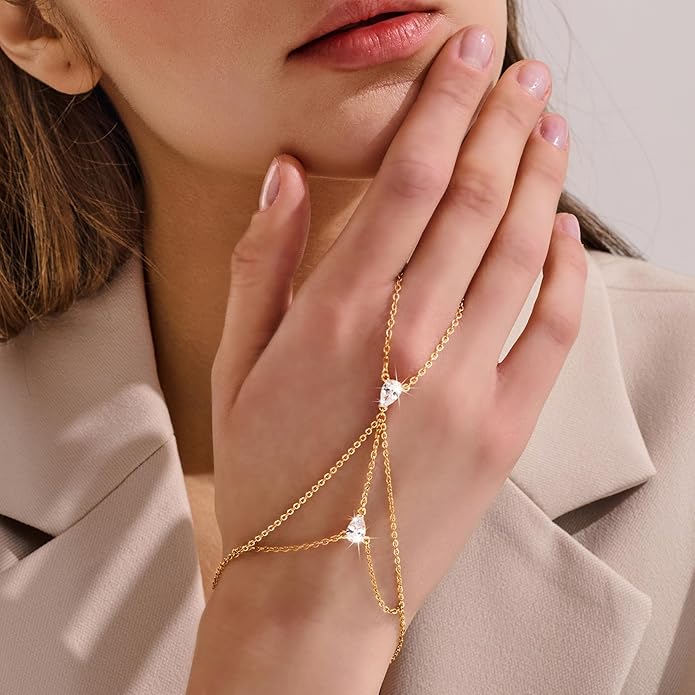 YOIHUR Champagne Gold Plated Hand Chains for Women, Adjustable Hand Chain Bracelet and Ring, Gold Hand Chain Bracelets Stack Jewellery Stars and Cubic Zirconia Hand Jewelry for Valentine's Day
