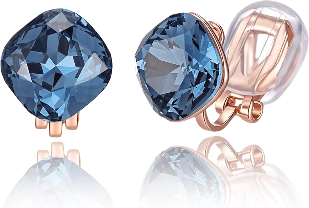 EVEVIC Austrian Crystal Square Cilp On Earrings for Women 14K Gold Plated Non Pierced for Sensitive Ears Jewelry Gifts for Anniversary