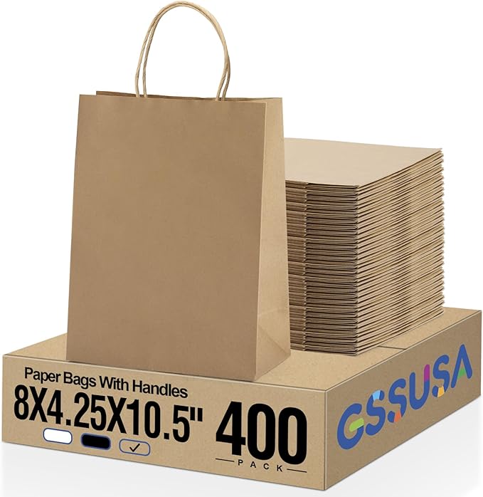 GSSUSA 400 Pack 8x4.25x10'' Paper Bags with Handles Bulk, Brown Paper Gift Bags for Small Business