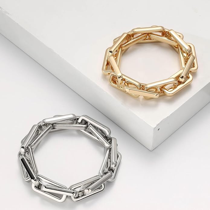 Chunky Gold Bracelet for Women Non Tarnish, Trendy Stretch Cuban Link Chain Plated Gold Bangle Bracelets
