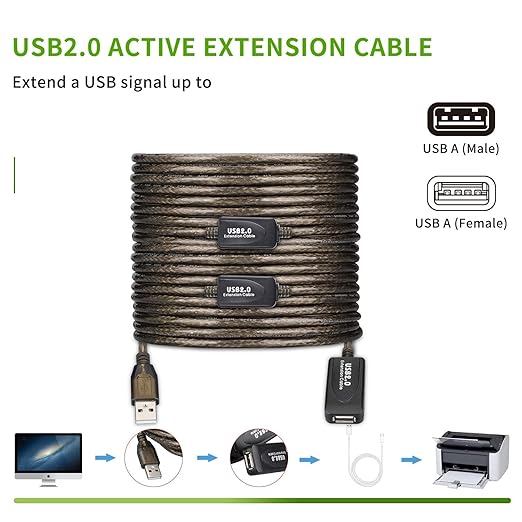 130 FT USB Extension Cable, USB 2.0 Type A Male to A Female Active Repeater Extension Cable 130 ft, High Speed 481 Mbps