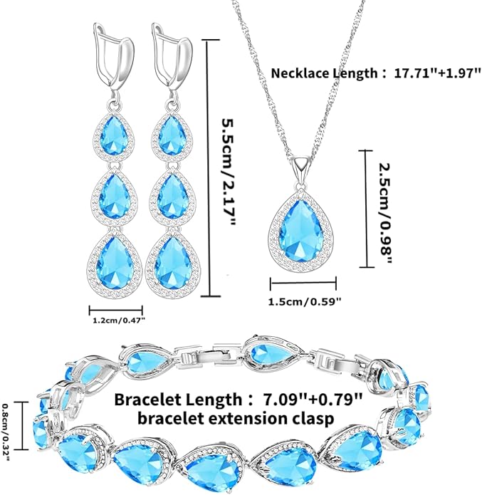 LMXXVJ Necklace Long Earrings Bracelet Set, White Gold Plated Created Blue Sapphire Jewelry Set Wedding Party Gift Jewelry for Women Bridal Bridesmaid