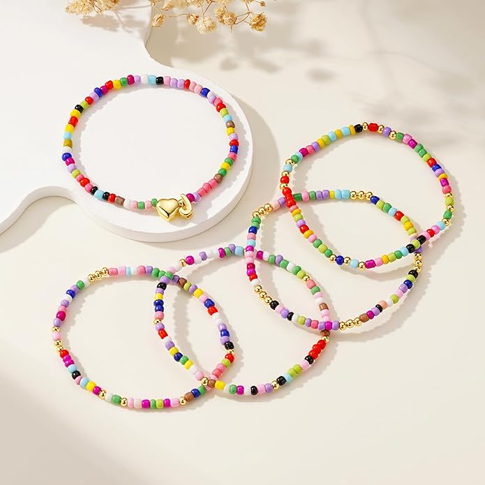 M MOOHAM Valentines Gifts for Kids - 5PCS Colorful Beaded Initial Bracelets for Girls Women Cute Stretch Heart Letter Bracelet Initial Stackable Bracelet Birthday Gift Jewelry for Kids Teen Girl