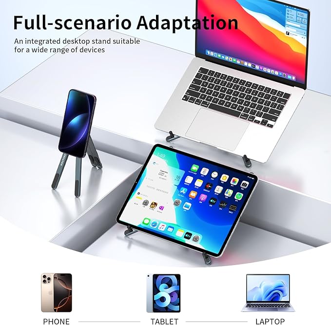 Adjustable Laptop Stand for Desk, Magnetic Phone Holder with Magsafe Compatibility, Portable Foldable Computer Riser for MacBook, iPhone, iPad, Tablet - Perfect for Office, Home, Traveling