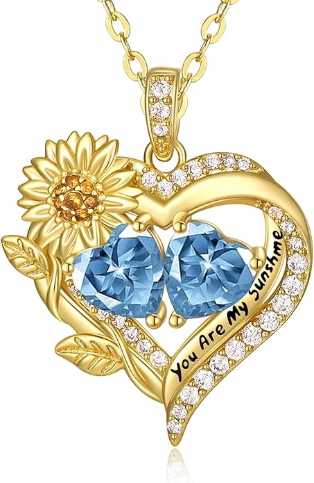 Sunflower Heart Necklace for Women 14K Gold Exquisite Valentines Day Anniversary Birthday Gifts for Wife Mother Her Double Birthstone Pendant Jewelry‘You Are My Sunshine’