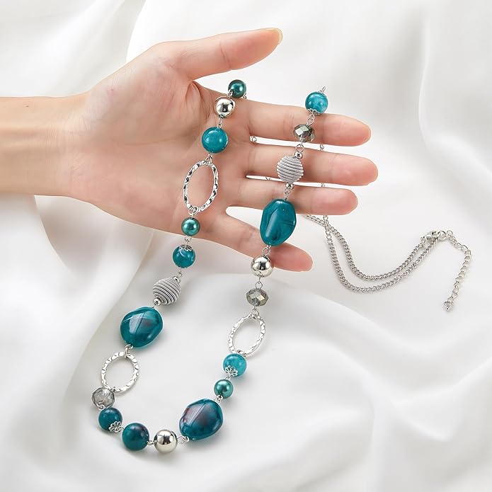 BULINLIN Beaded Long Necklace for Women Silver Sweater Chain Necklace with Crystal Resin Beads, Fashion Jewelry Necklace