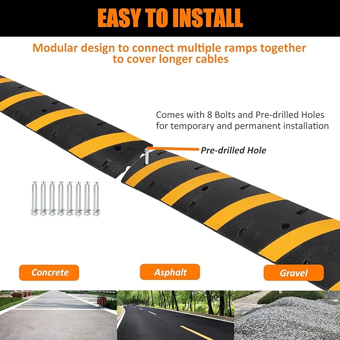 Heavy Duty Speed Bumps for Driveway, 2 Pack 6Ft Rubber Speed Bumps, 2 Channel Modular Traffic Speed Bump Hump Cable Protector Ramps for Asphalt Concrete Gravel Driveway Road with 6 Bolt Spikes