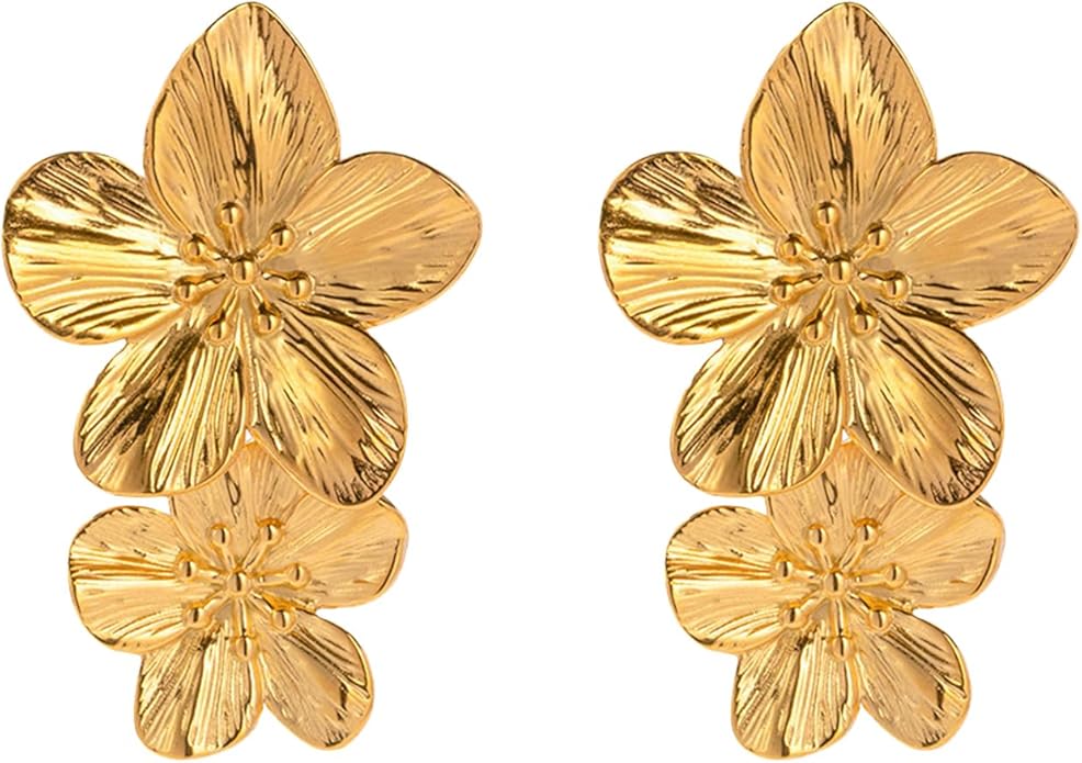 Flower Earrings for Women,Boho Statement Large Double Flower Earrings Trendy Chunky Floral Stud Earrings Elegant Chic