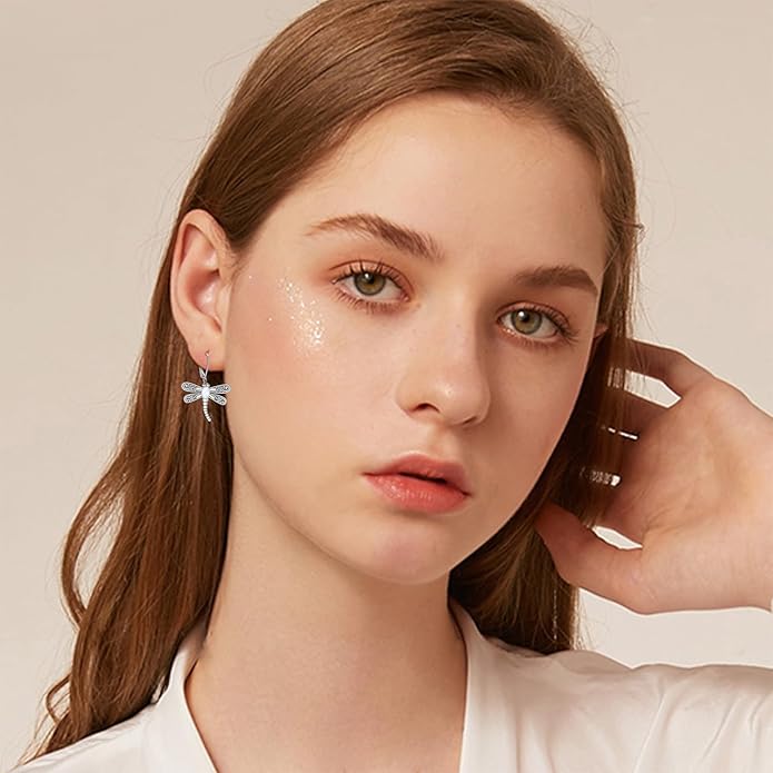 ONEFINITY Dragonfly Earrings 925 Sterling Silver Moonstone Leverback Dragonfly Dangle Drop Earrings Women Jewelry Gifts