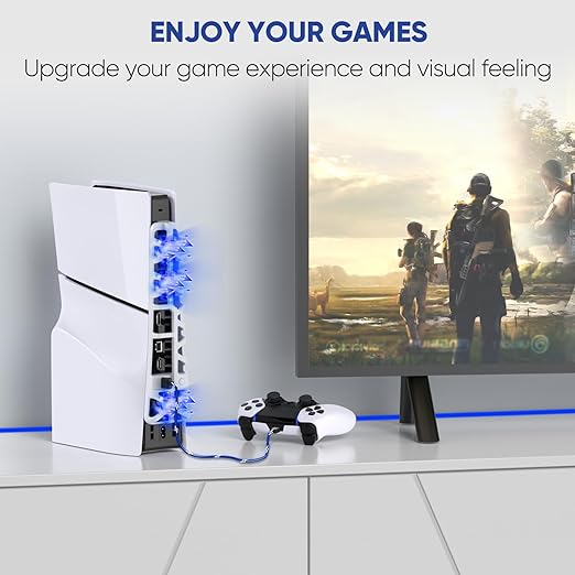 PS5 Slim Cooling Fan with Adjustable Speed - 3 Mode Speeds, Low Noise, Auto Power On/Off, with USB 3.0 Port, LED Light, Efficient Cooling System for PS5 Disc and Digital