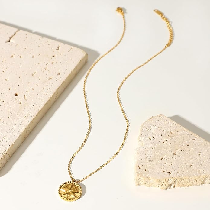 IBARA Women Gold Dianty Necklace Sun Crescent Moon Star Evil Eye Lock Lovely Heart Flower Butterfly Pearl Pendant Coin Necklaces 18K Gold CZ Diamond Filled Chain Boho Beach Simple Handmade Jewelry