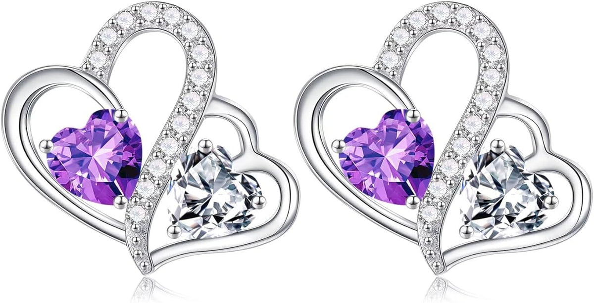 Iefil Valentines Day Gifts for Her - Birthstone Earrings Gift for Women, 925 Sterling Silver Double Heart Birthstone Earrings | Anniversary Birthday Gifts for Women, Personalized Jewelry for Wife Mom