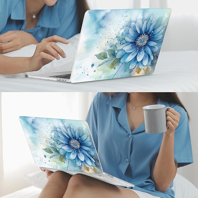 Mektron Designed Case for MacBook Pro 16 Inch A2141 Cover 2019 Release 16" with Liquid Retina Display/Touch ID, Plastic Hard Shell with Keyboard Skin & Screen Protector, Watercolor Blue Flower