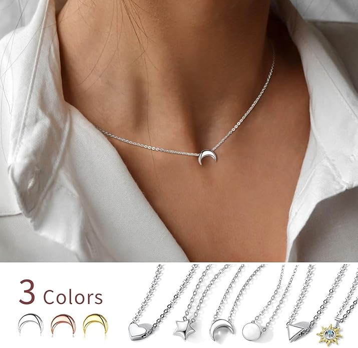 ChicSilver Personalized 925 Sterling Silver Dainty Small Heart/Star/Moon/Dot/Triangle Pendant Necklace for Women, Silver/Gold/Rose Gold/Black (with Gift Box)