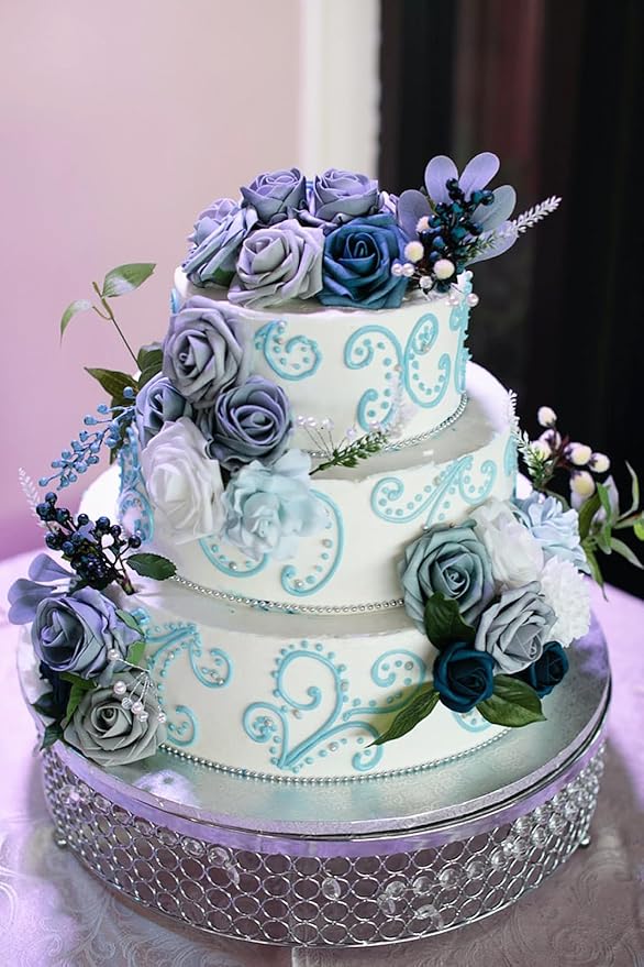 Roses Artificial Flowers Blue Fake Flower Bulk for DIY Wedding Bouquet Bridal Baby Shower Centerpiece Table Decorations Silk Faux Floral Arrangements for Party Home Decor Cake Decorating
