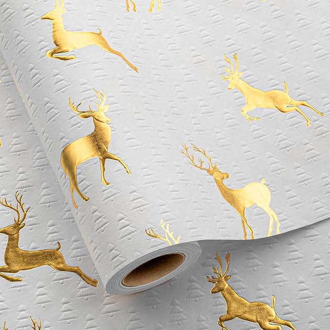 Garbendy Christmas Wrapping Paper Roll- 17 Inch X 32.8 Feet - Embossing 3D Christmas Trees Printed in White with Gold Foil Reindeer Design for Birthday, Wedding, Baby Shower, Bridal Shower, Party