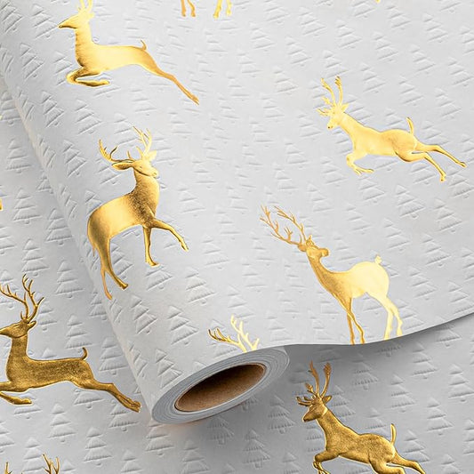 Garbendy Christmas Wrapping Paper Roll- 17 Inch X 32.8 Feet - Embossing 3D Christmas Trees Printed in White with Gold Foil Reindeer Design for Birthday, Wedding, Baby Shower, Bridal Shower, Party