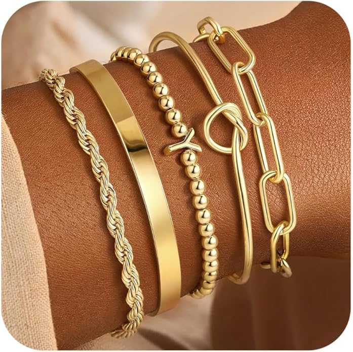 Turandoss Valentines Gifts for Her Girls, Dainty 5PCS 14K Gold Plated Initial A-Z Beaded Stretch Bracelet Chunky Gold Cuff Knot Twisted Rope Paperclip Bracelet Set Stack Jewelry Gifts for Women Girls