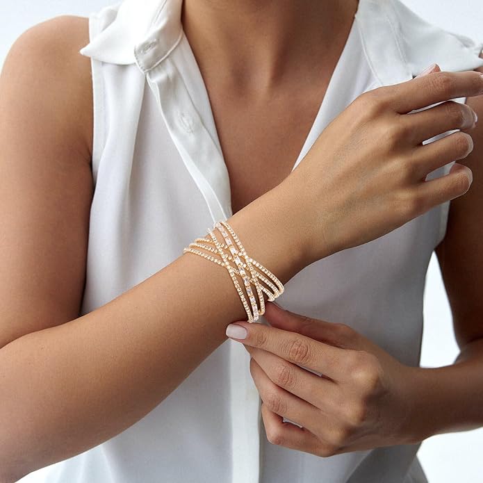 Rhinestone Bracelet Multilayer Cuff Bracelet Sparkling Crystal Layered Bridal Bracelets for Women