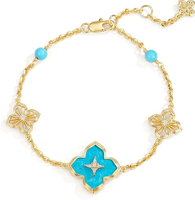 FETERO Gold Bracelets for Women Trendy, Dainty 14K Gold Plated Charm Clover Bracelet 2 Sided Lucky Pendant Cute Pearl Beaded Bracelets Link Chain Waterproof Womens Jewelry Gifts