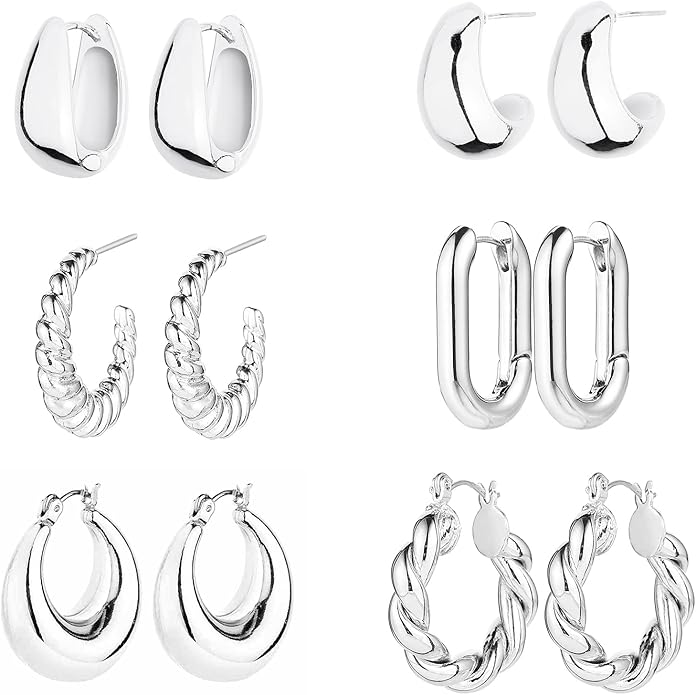 6 Pairs 14K Gold Plated Hoop Earrings for Women Lightweight Chunky Hoop Earrings Multipack Hypoallergenic, Thick Open Twisted Huggie Hoops Earring Set Jewelry for Gifts.