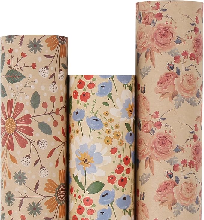 Aimyoo Kraft Floral Wrapping Paper Bundle, Vintage Spring Flowers Rose Gift Wrap Paper for Wedding Bridal Shower Birthday, 3 Rolls 17 in x 12 ft per Roll