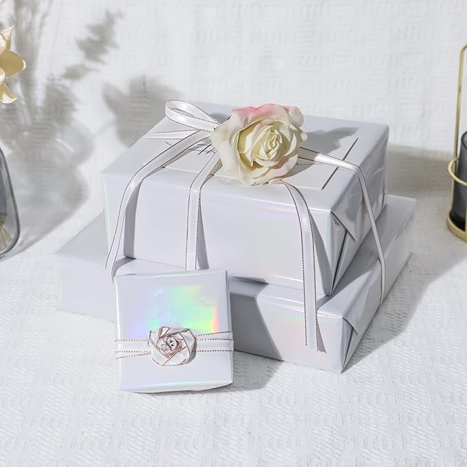 NESCCI White Metallic Wrapping Paper, Solid Color Paper,Gift Wrapping Paper,Perfect for Wedding,Valentine's Day,Birthday, Christmas,Baby Shower,DIY Bouquet (17.5 Inches X 32.8 Feet)
