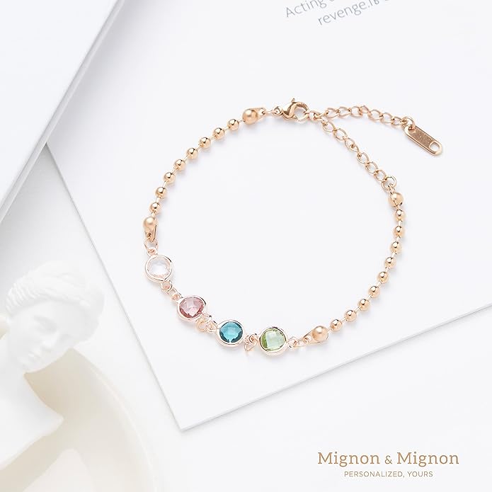 MignonandMignon Custom Birthstone Bracelet for Women, Personalized Beaded Chain Jewelry, Birthday, Gift for Friends, Adjustable Bracelet with Birth Month Stones – B-BR-2HBS