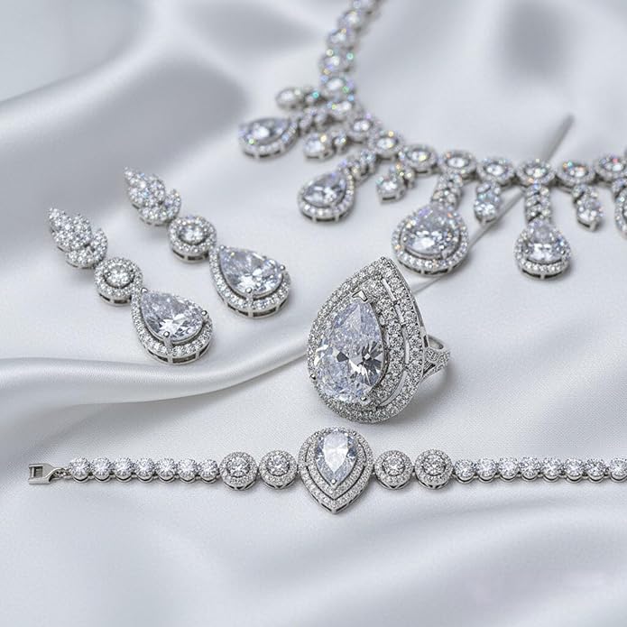 Rhinestone Wedding Bridal Jewelry Set Women's Prom Style Emerald Teardrop Necklace, Earrings, Bracelet, Ring Wedding Bridesmaid Gift Pairs With Evening Gowns