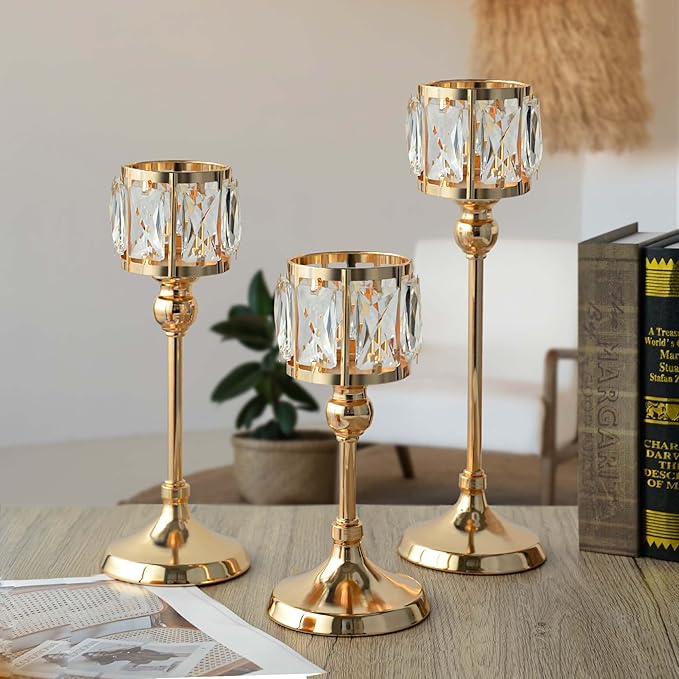 Set of 3 Cup Crystal Tealight Candle Holders, Centerpieces for Table Wedding Centerpieces Crystal Decorative Tealight Candle Dining Table Candle Holder Decor for Party (Set of 12 (3 Sizes), Gold)