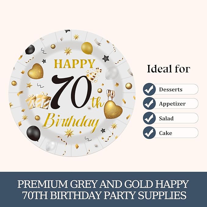 75PCS 70th Birthday Plates and Napkins Party Decorations, 7 Inch Premium Grey and Gold Happy Birthday Paper Plates and Napkins Disposable Tableware Set 70 Year Old Birthday's Party Decor for Women Men