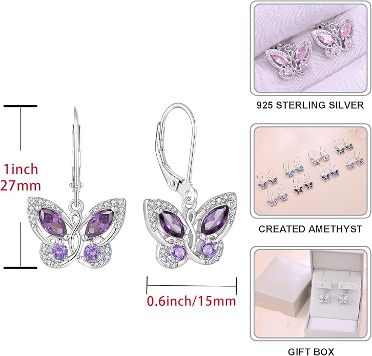 Starchenie Butterfly Earrings for Women 925 Sterling Silver Leverback Earrings Birthstone Butterfly Jewelry Gifts
