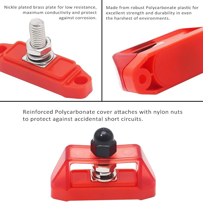 RECOIL S1P-38 Busbar Single 3/8” Studs Power Distribution Block with Ring Terminals Bus Bar Pair Red & Black