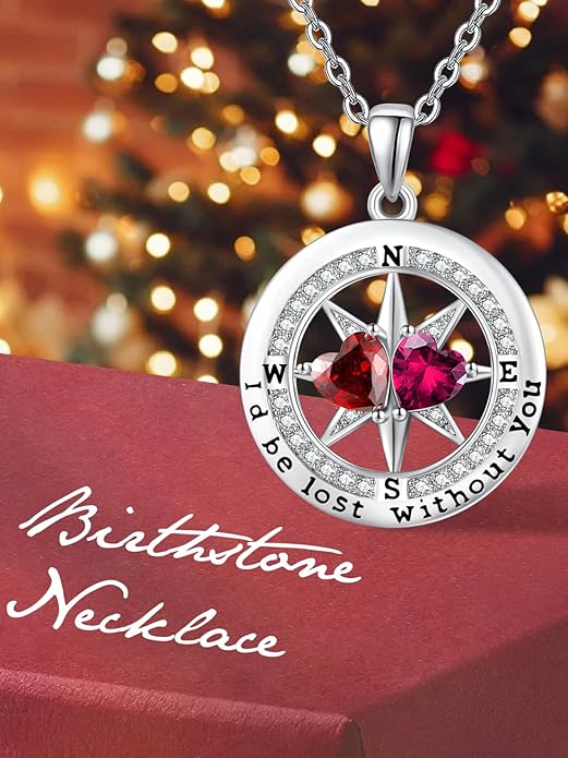 Compass Necklace for Women, Exquisite S925 Valentines Day Anniversary Birthday Gifts for Wife Her Double Birthstone Pendant Jewelry ‘I'd be Lost Without You’