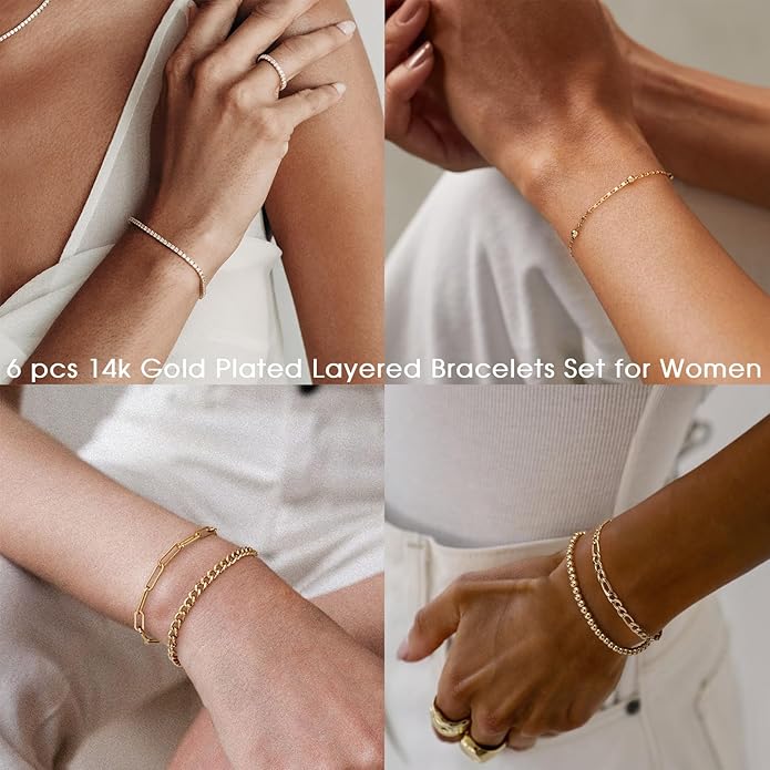 adoyi Valentines Day Gifts for Her Gold Bracelets for Women, 14K Gold Plated Stackable Bracelet Stack Set Adjustable Charm Paperclip Chain Cuban Link Layered Waterproof Jewelry Sets Gifts for Womens