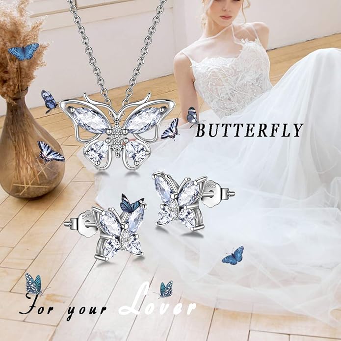 925 Sterling Silver Birthstone Butterfly Jewelry Women Crystal Animal Cute Butterflies Birthday Necklace/Earring/Ring/Bracelet Sets Birth Stone Statement Anniversary Jewellery