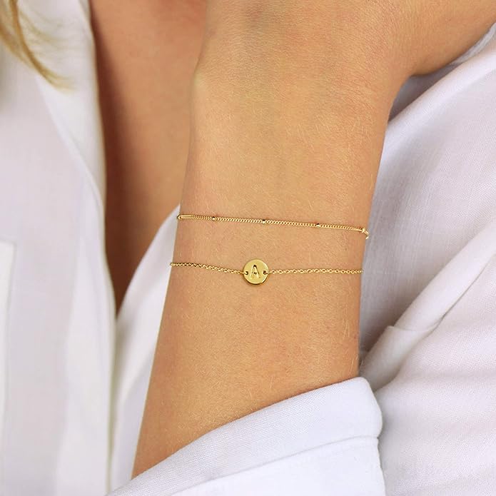 MONOZO Gold Initial Bracelets for Women Girls Valentines Day Gifts - Dainty 14K Gold Plated Layered Beaded Letter Initial Bracelet 26 Alphabet Disc Monogram Charm Bracelet Valentines Day Gifts for Her