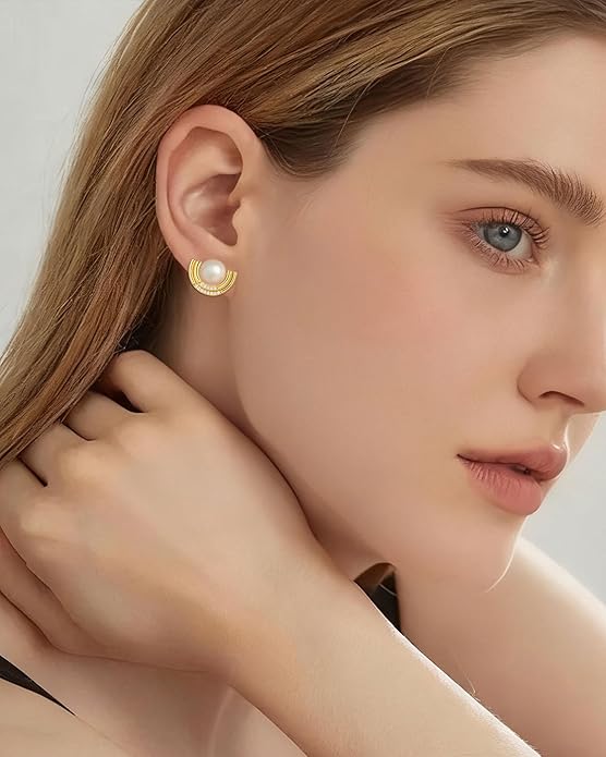Cultured Freshwater Pearl Stud Earrings, 14K Gold Plated S925 Silver Women Pearl Stud, Gift for Birthday Mothers Day, Christmas, Anniversary