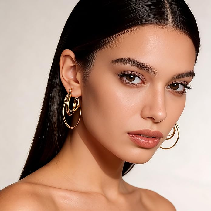 Layered Gold Hoop Earrings for Women 18K Gold Plated Triple Hoops Thin Intertwined Hoop Chic Statement Jewelry