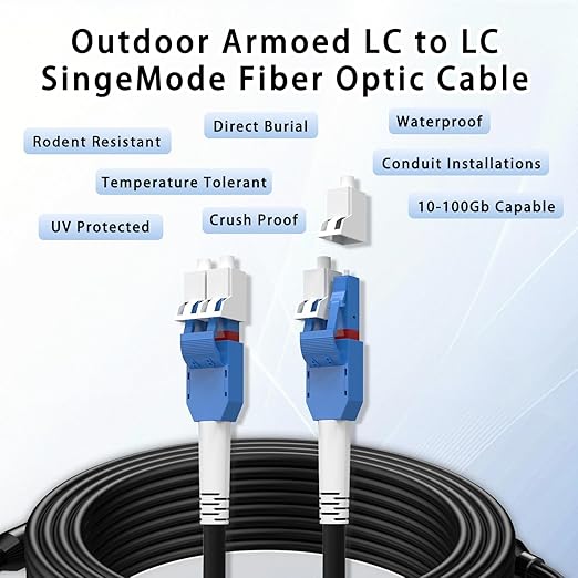 200M/656FT LC to LC Armored Outdoor Fiber Optic Cable, Single Mode Duplex 9/125μm SMF Fiber Patch Cord, OS1/OS2 Compatible, Black LSZH Jacket, Uniboot Jumper for FTTH, Data Center, Long-Distance Use